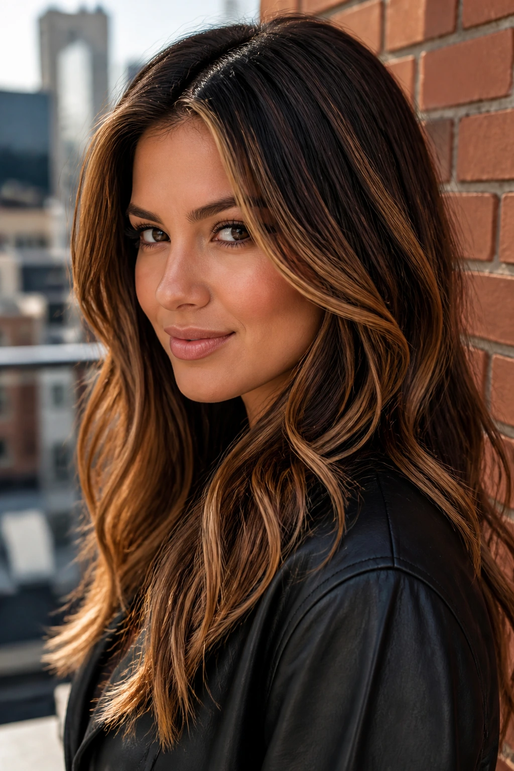 Portrait of a real person with sable caramel contrast hair and caramel ribbons in sunlight