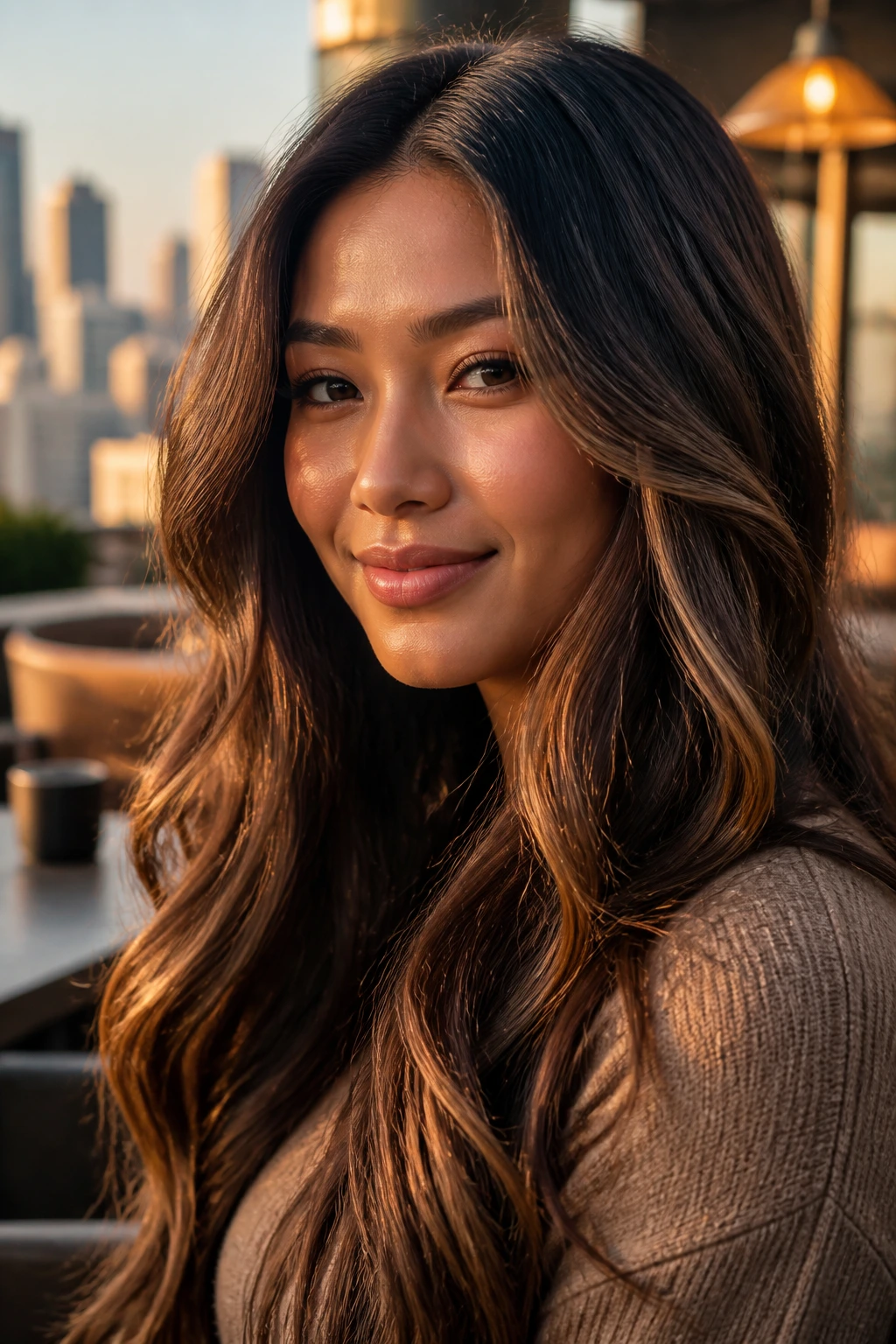 Close-up of a real woman with sable and caramel contrast hair