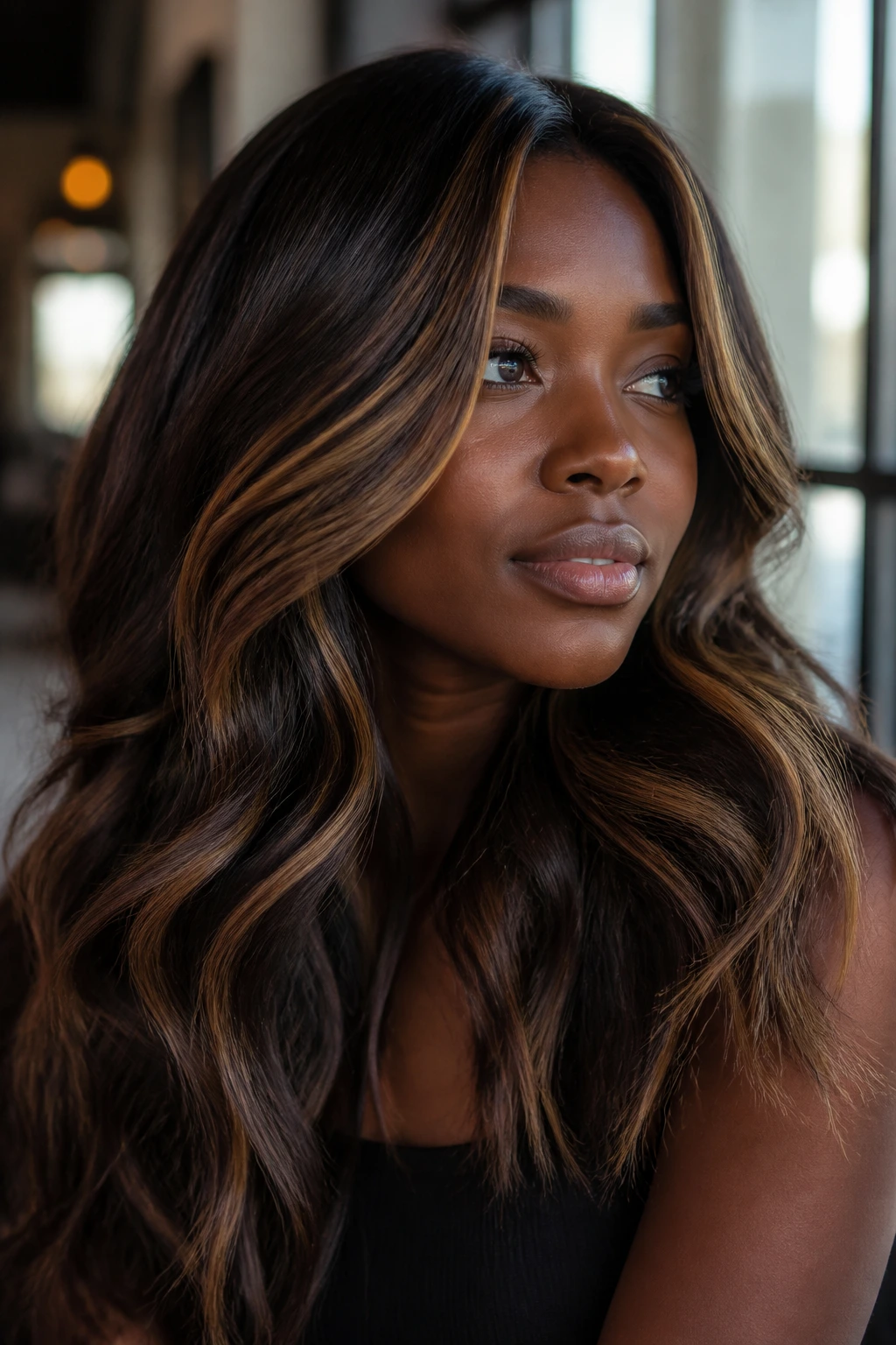 Portrait of sable base hair with caramel ribbons on the top/front
