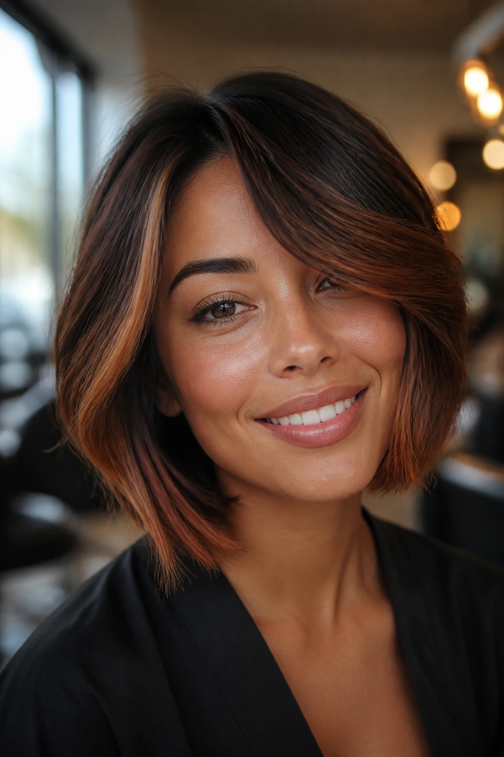 Close-up portrait of a real woman wearing sable copper layered bob with warm salon lighting