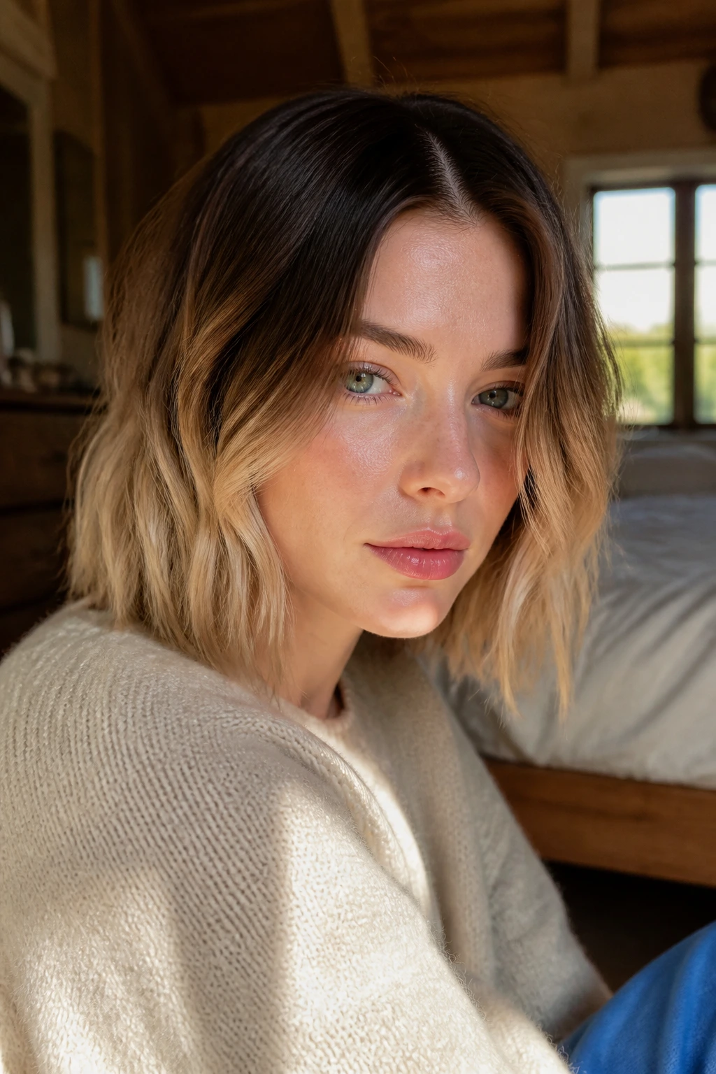 Close-up of a pale-skinned woman with sable roots fading to buttery blonde ends.