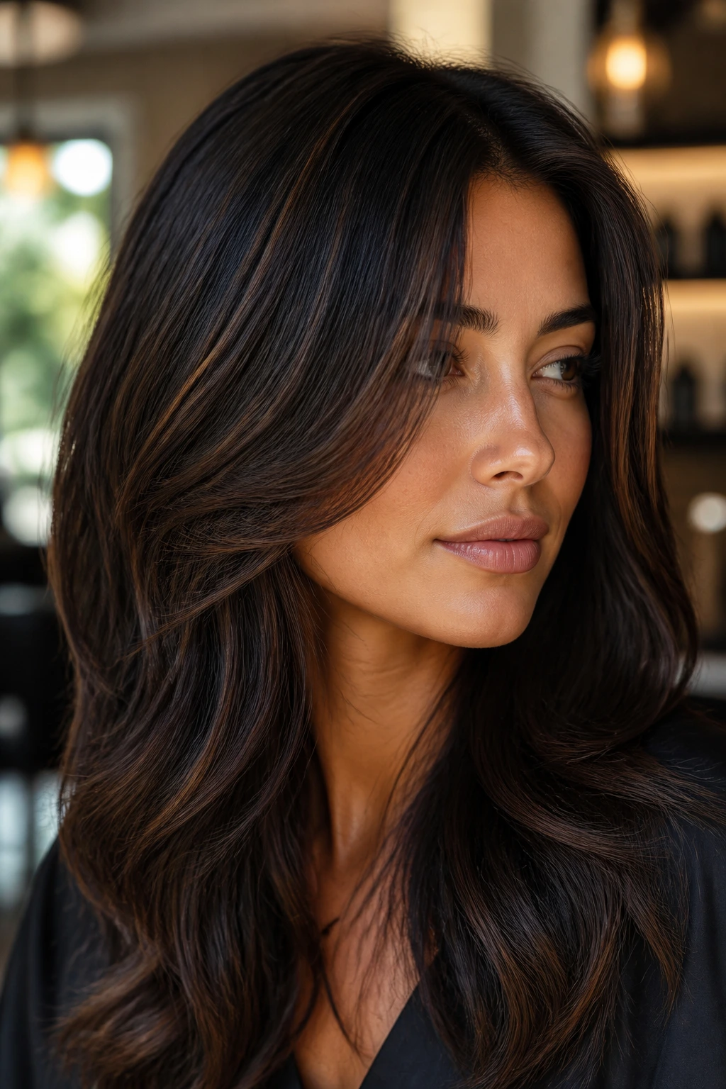 Close-up portrait of a real woman with sable glossed layered hair and subtle babylights in warm light.