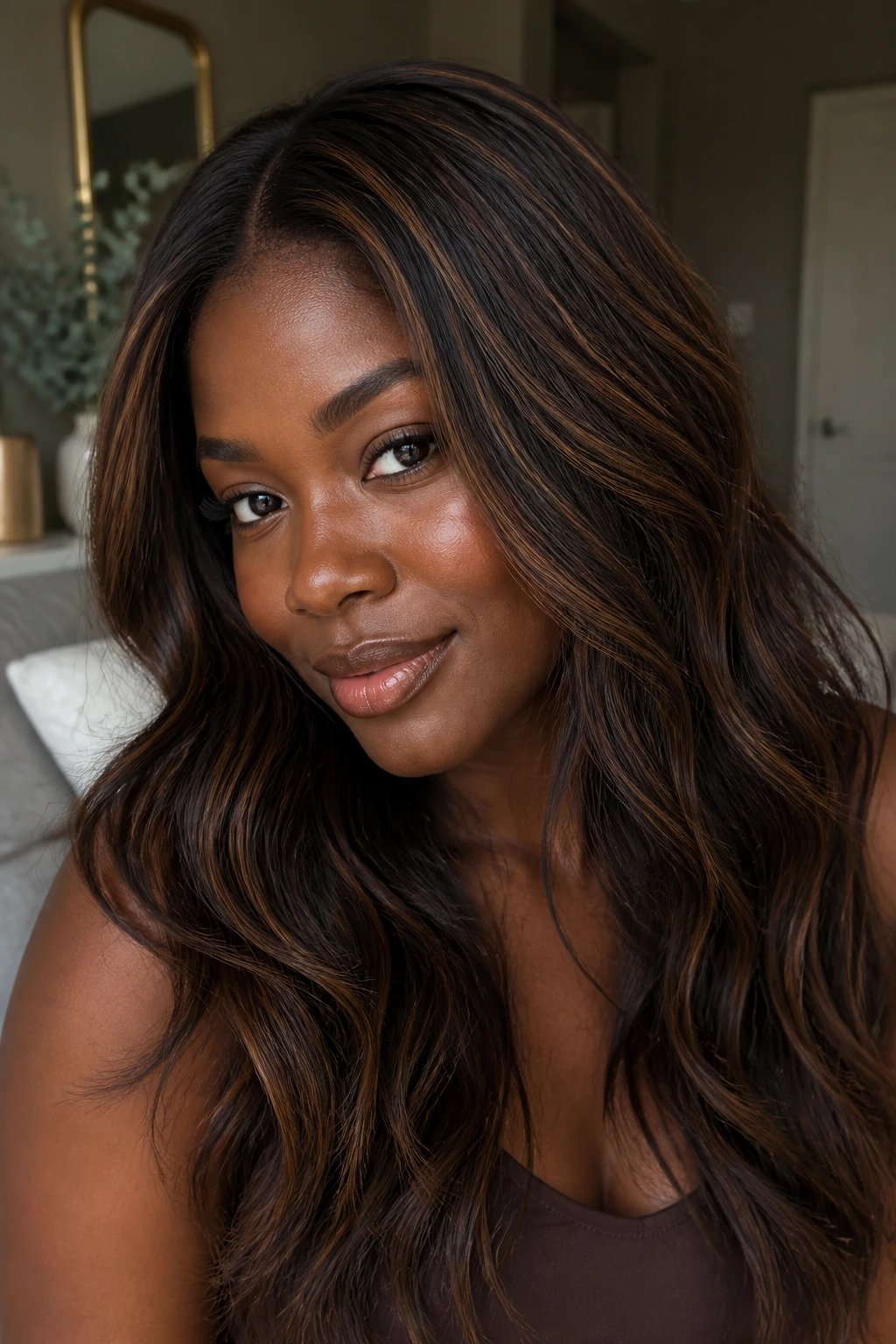 Close-up portrait of a real person with sable hair and micro caramel ribbons framing the face.