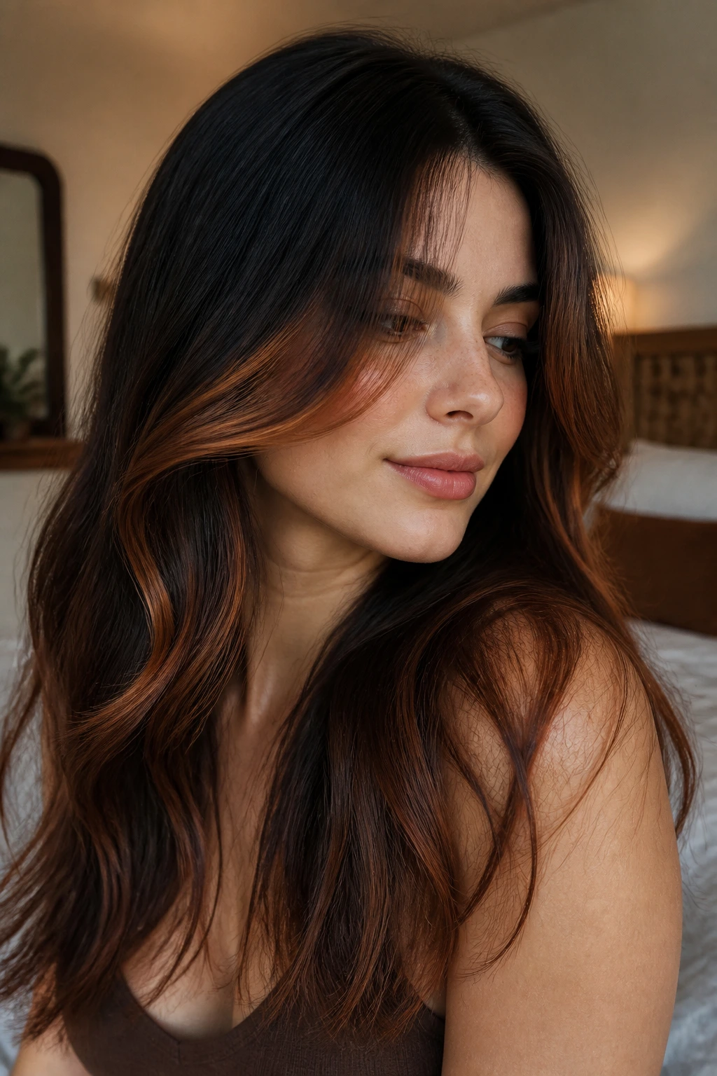 Close-up portrait of a real woman highlighting sable hair with copper veil in warm window light.