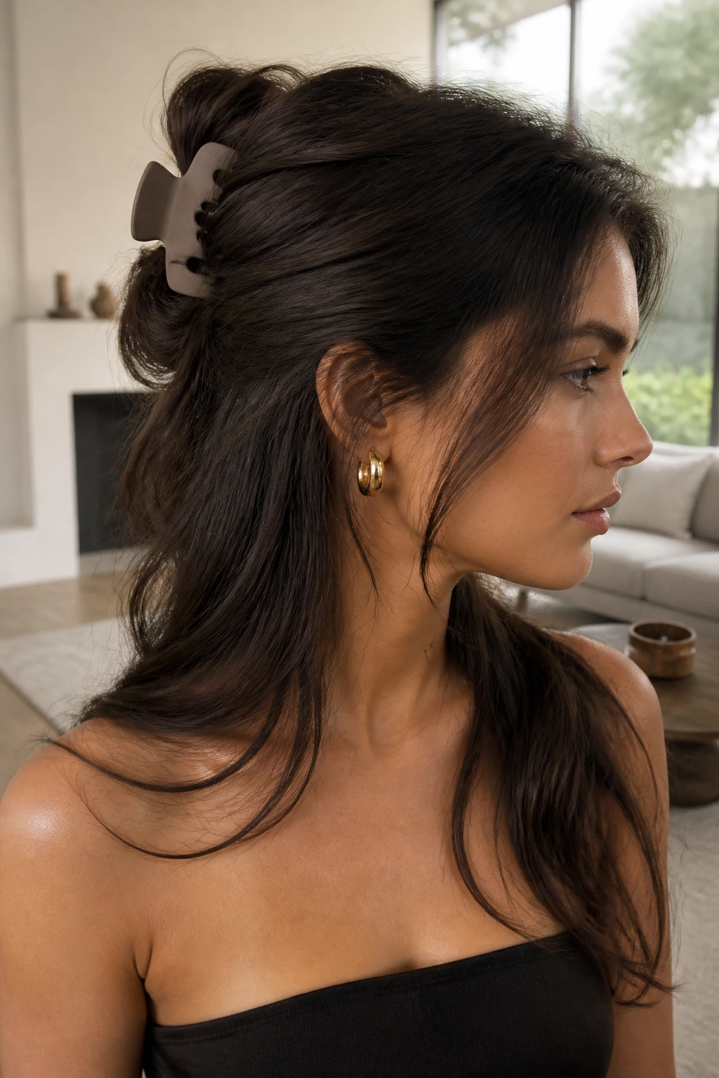 Close-up of a real woman with sable half-up claw clip hairstyle