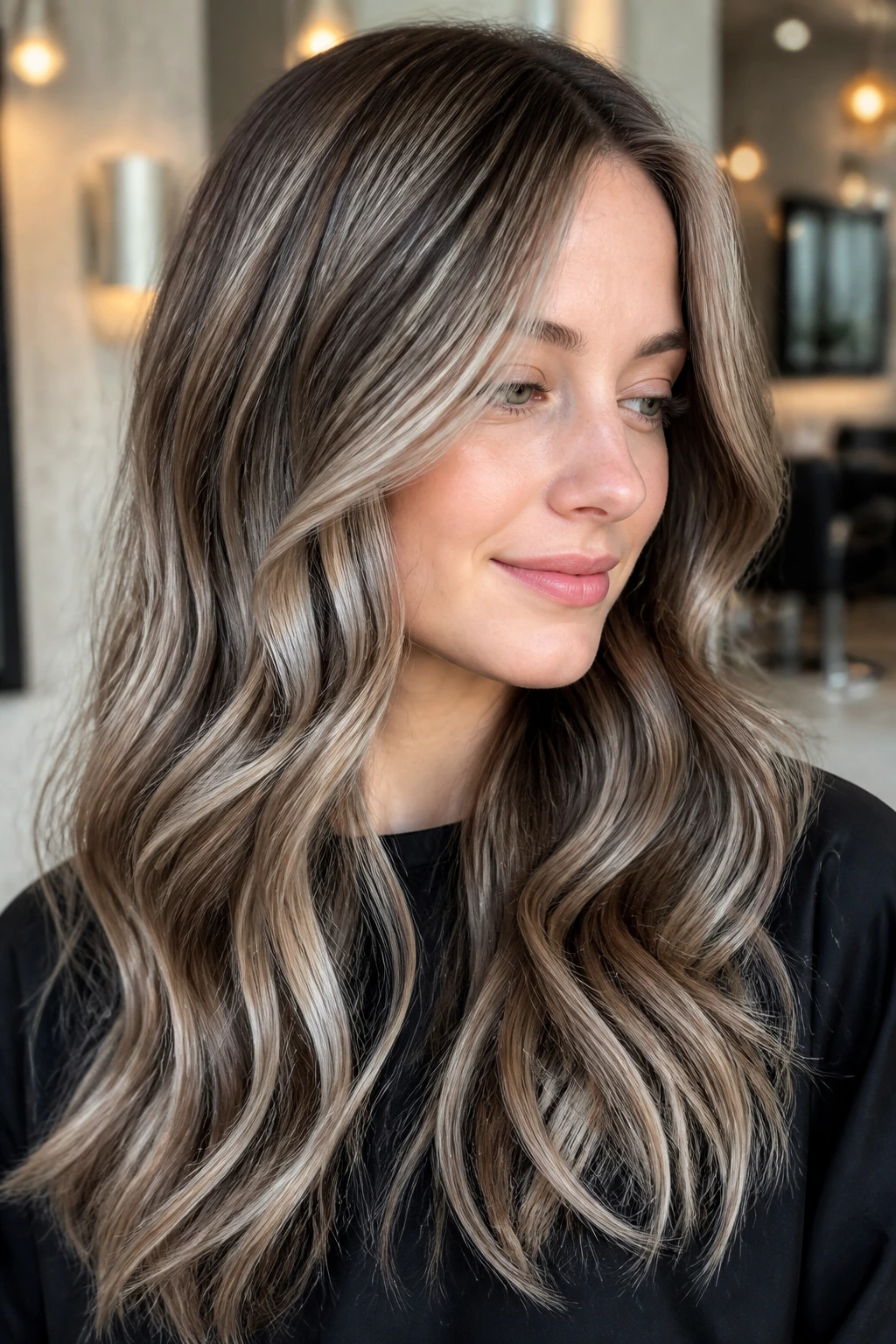 Close-up of a real woman with sable lowlights in a lattice pattern on light hair in a salon setting