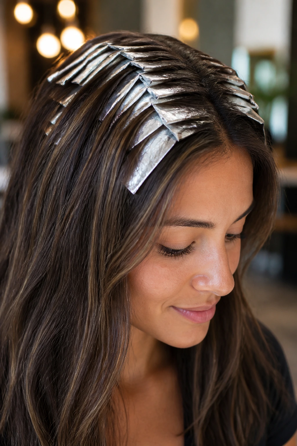 Close-up of hair with sable micro-foils on a real person