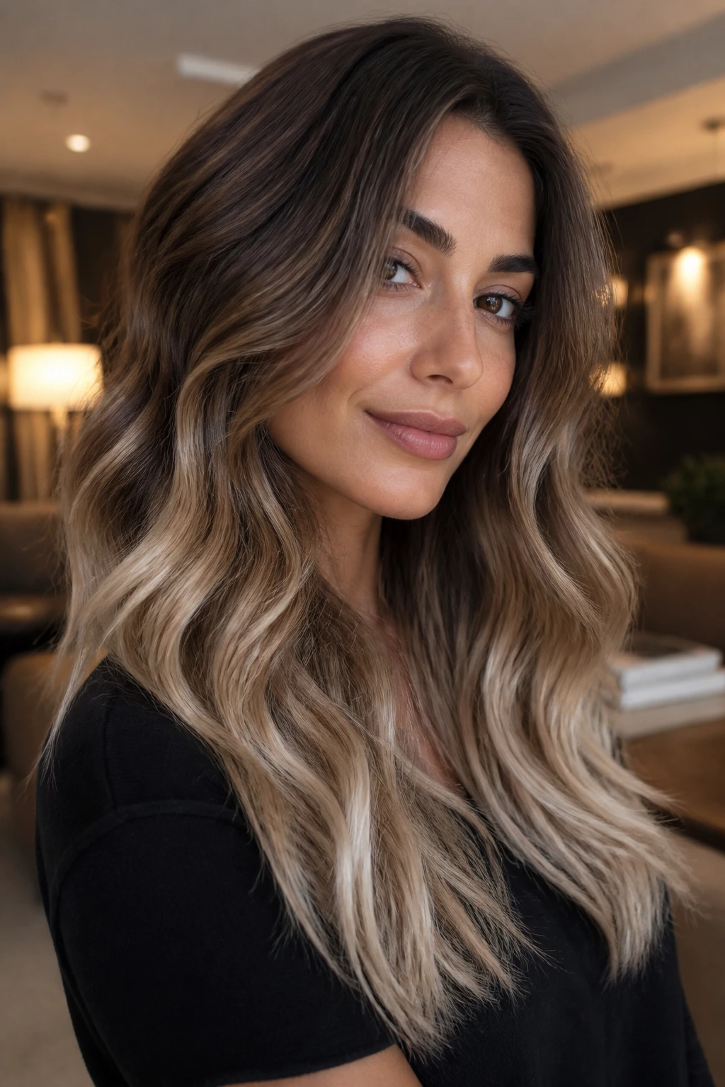 Close-up of a real woman with sable hair and pearl-ended tips on olive skin
