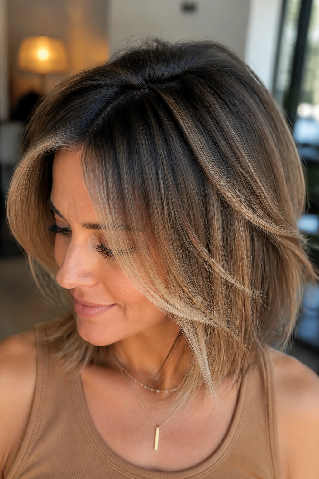 Sable root with buttery crown pieces adding warmth and lift on fine hair