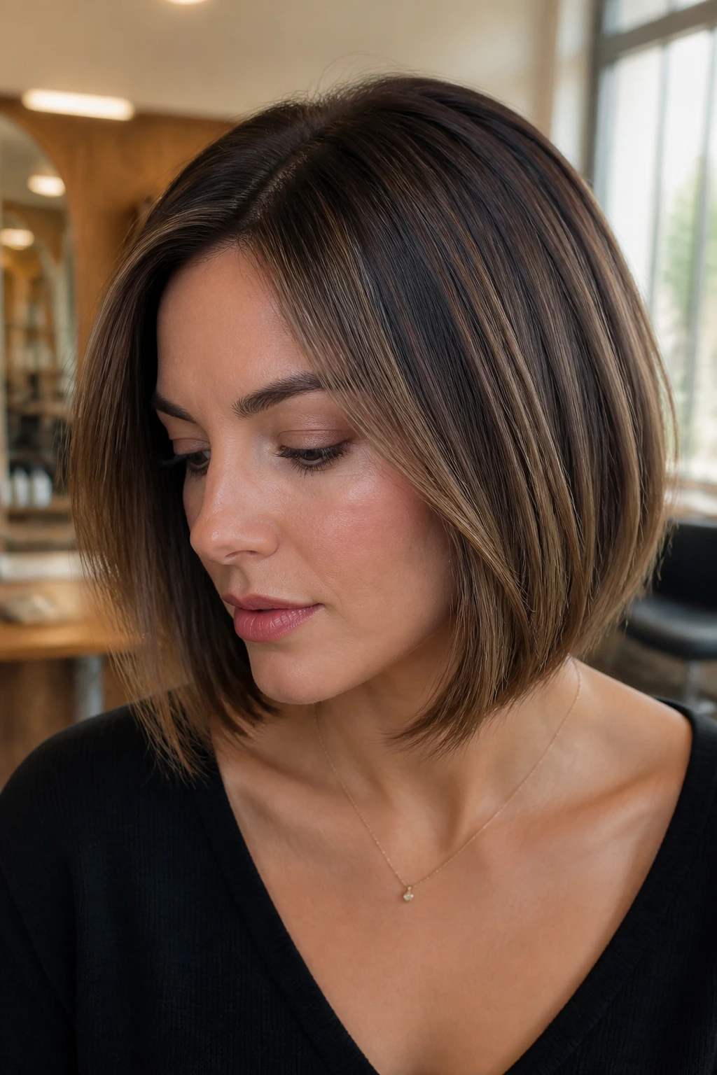 Close-up of a brunette bob with sable root shadow on a real person, natural window light.