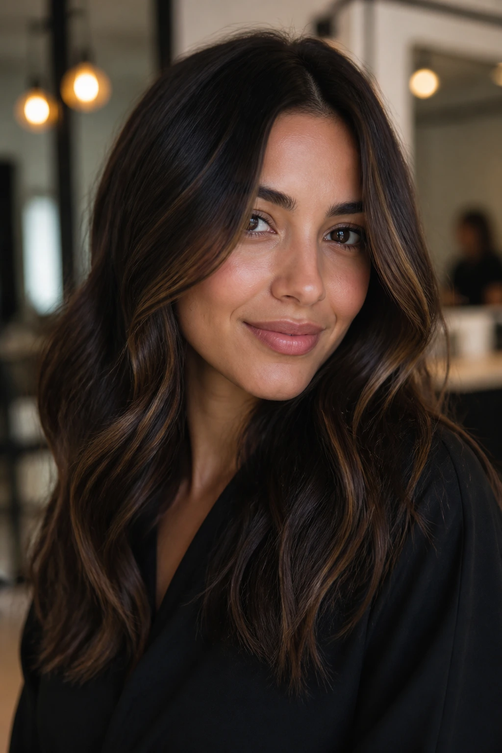 Close-up of a real woman with sable shine balayage on dark brunette hair in a chic salon