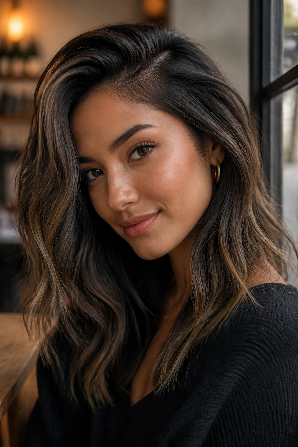 Close-up of face showing sable side-part sweep and cheekbone contour