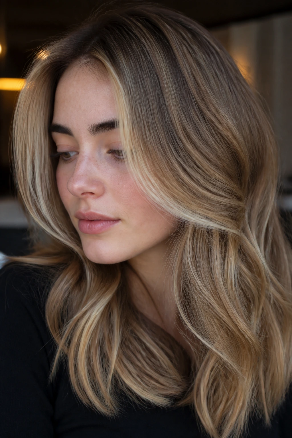 Portrait of a real person with sable base hair and wheat-blonde pieces