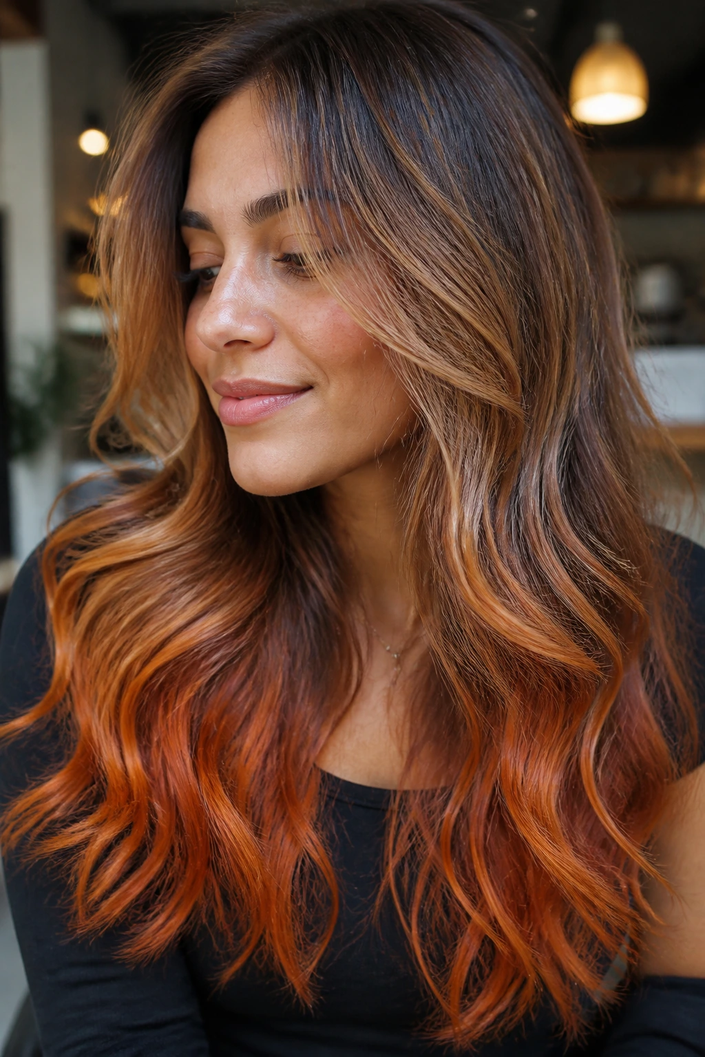 Close-up portrait of a real woman with saffron auburn ends on long layered waves