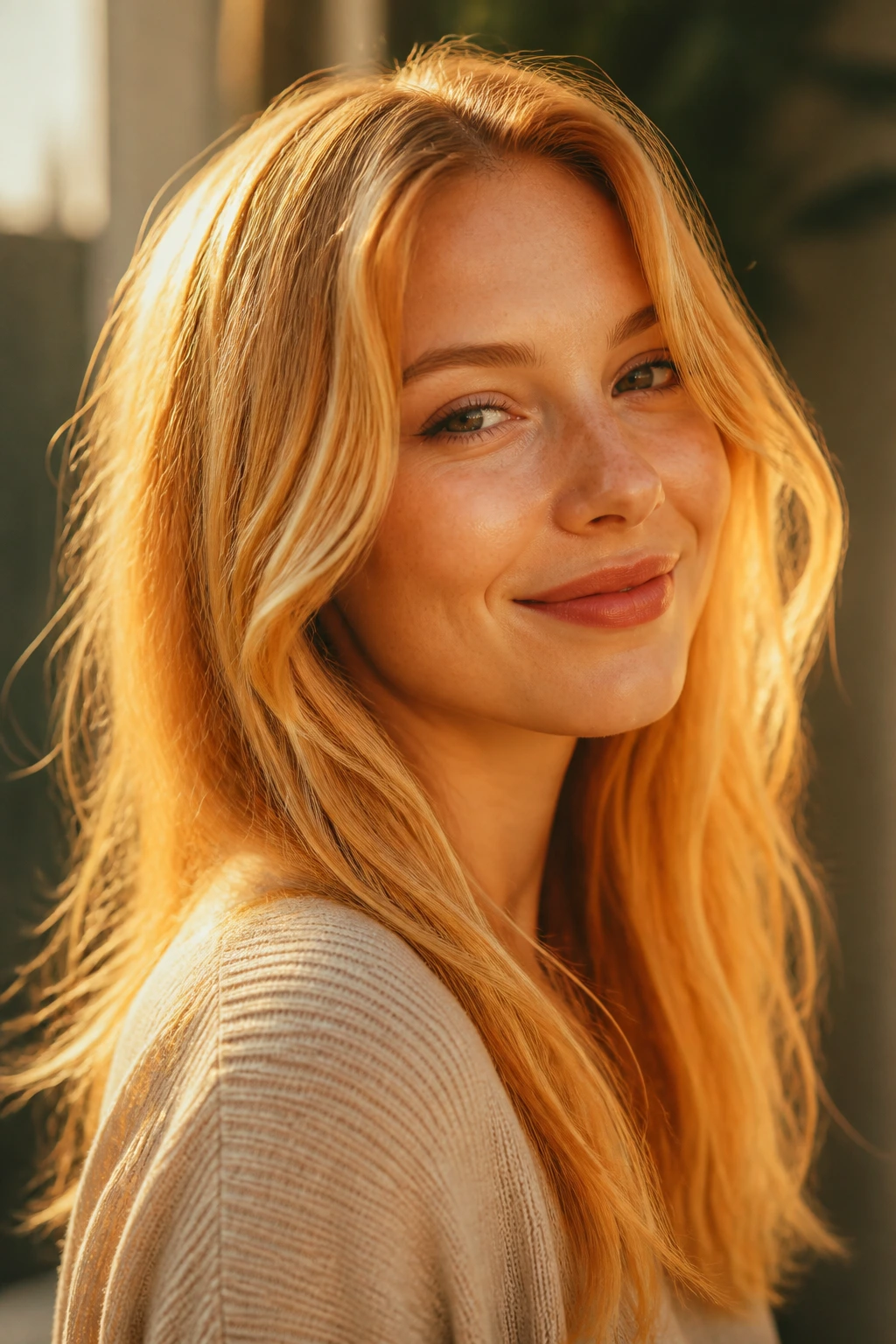 Close-up of a woman with saffron blonde hair in golden hour light.