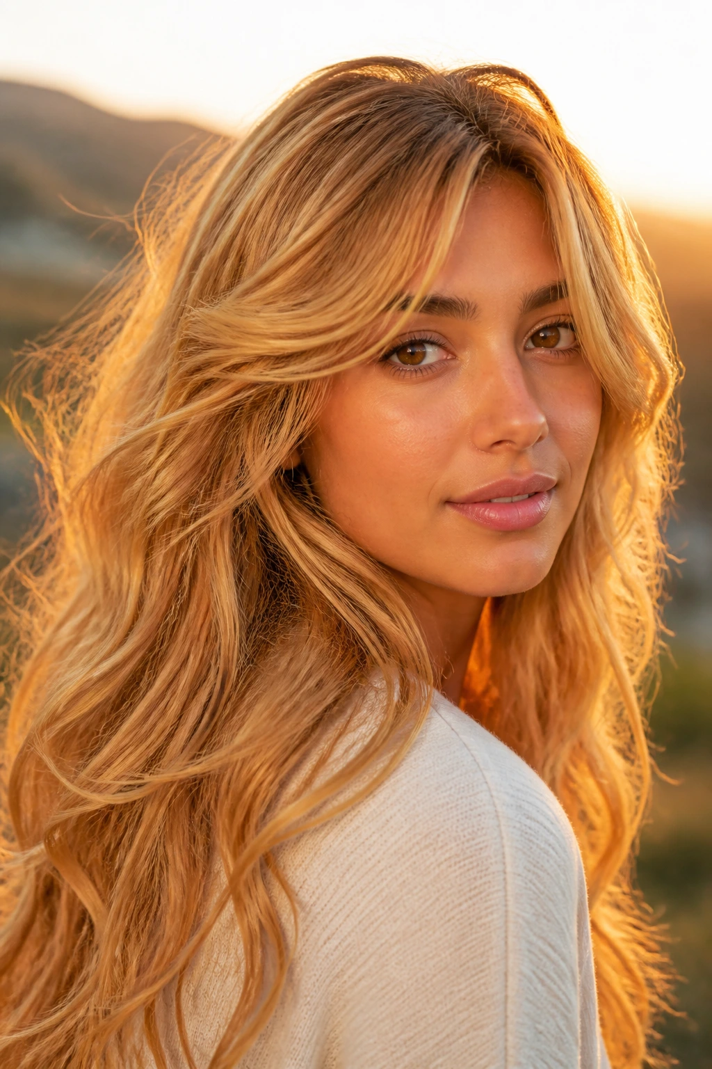 Close-up portrait of saffron blonde waves on olive skin in golden hour light