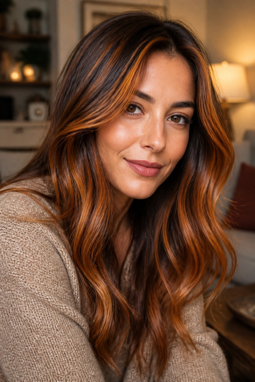 Close-up of a person with saffron brunette glow highlights around the face
