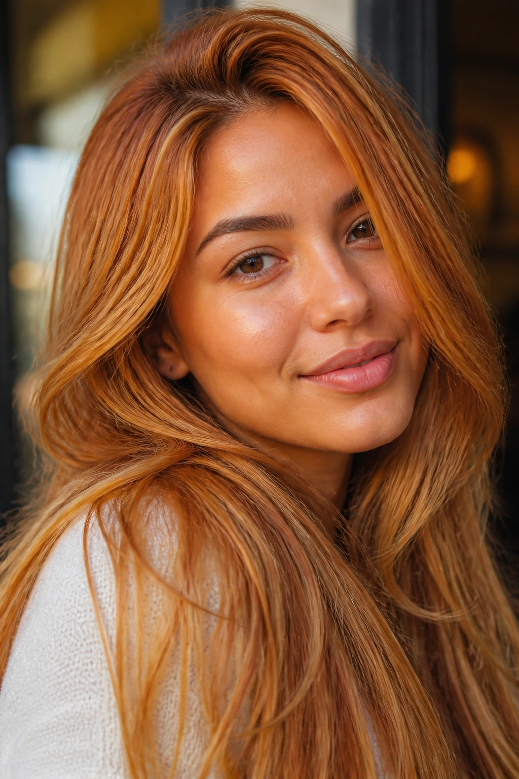 Close-up portrait of a real person with saffron caramel hair in sunny light