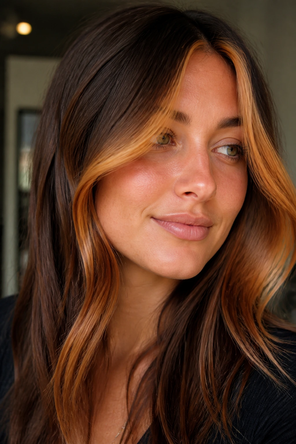 Saffron honey money piece framing the face on brunette hair