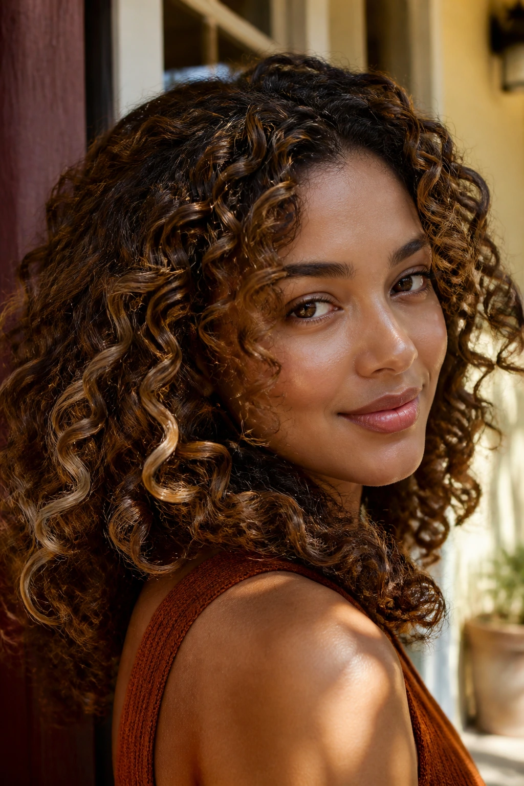Real woman's curly hair with saffron-toffee highlights woven through curls.