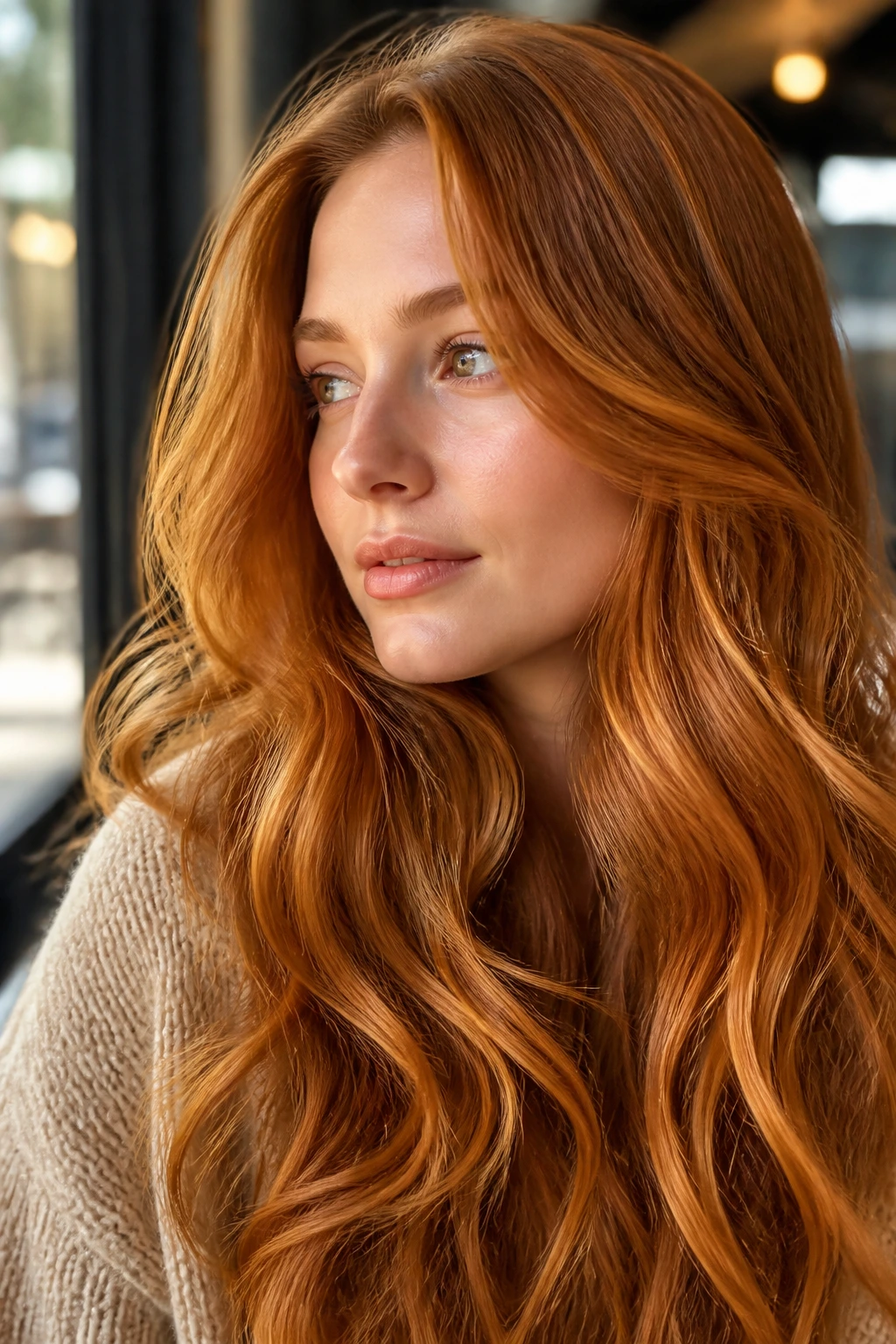 Close-up of a real person with loose saffron waves in copper-blonde hair, sunlit setting.