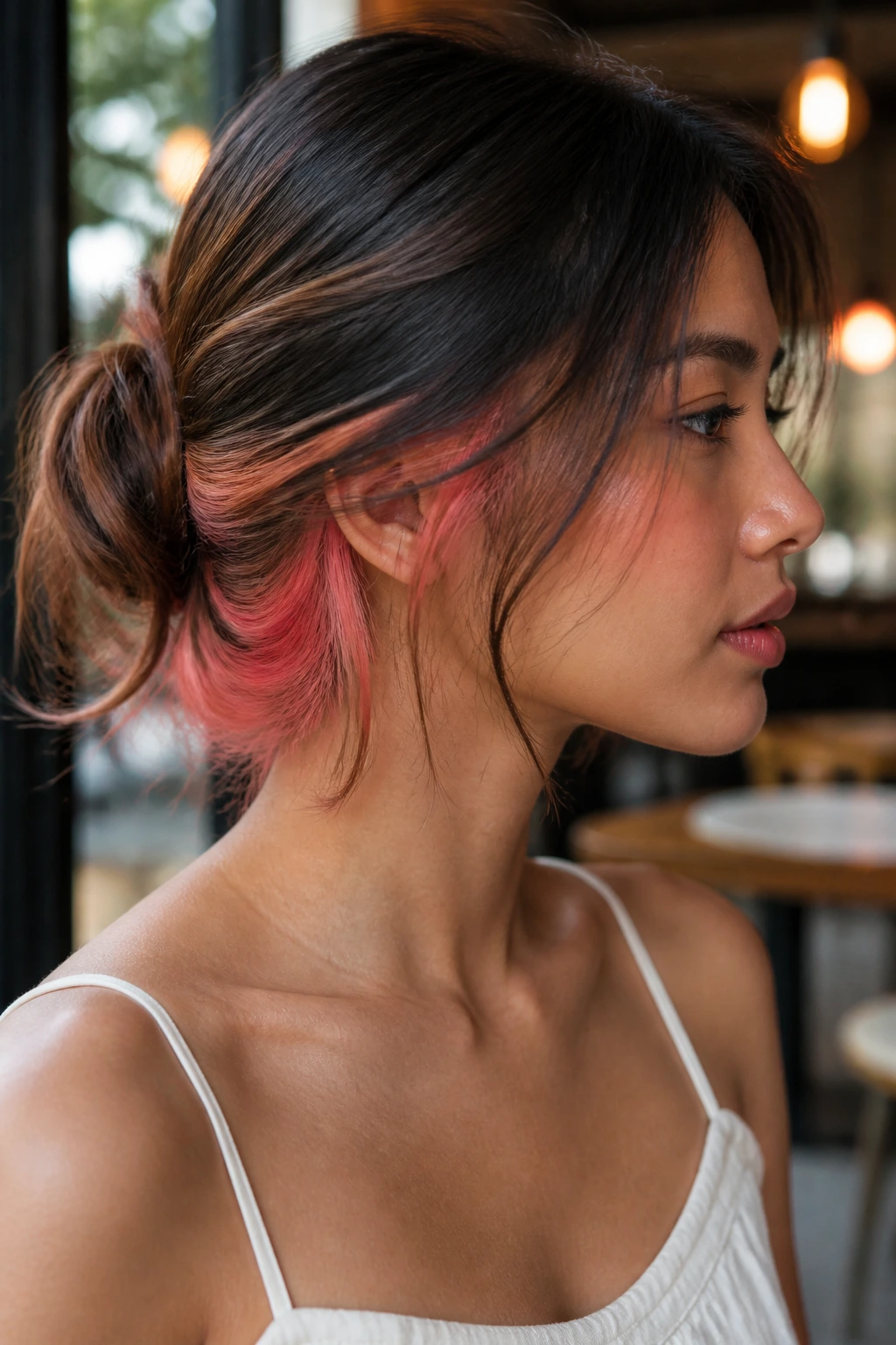 Close-up portrait of a real person with salmon pink underlights visible beneath top hair