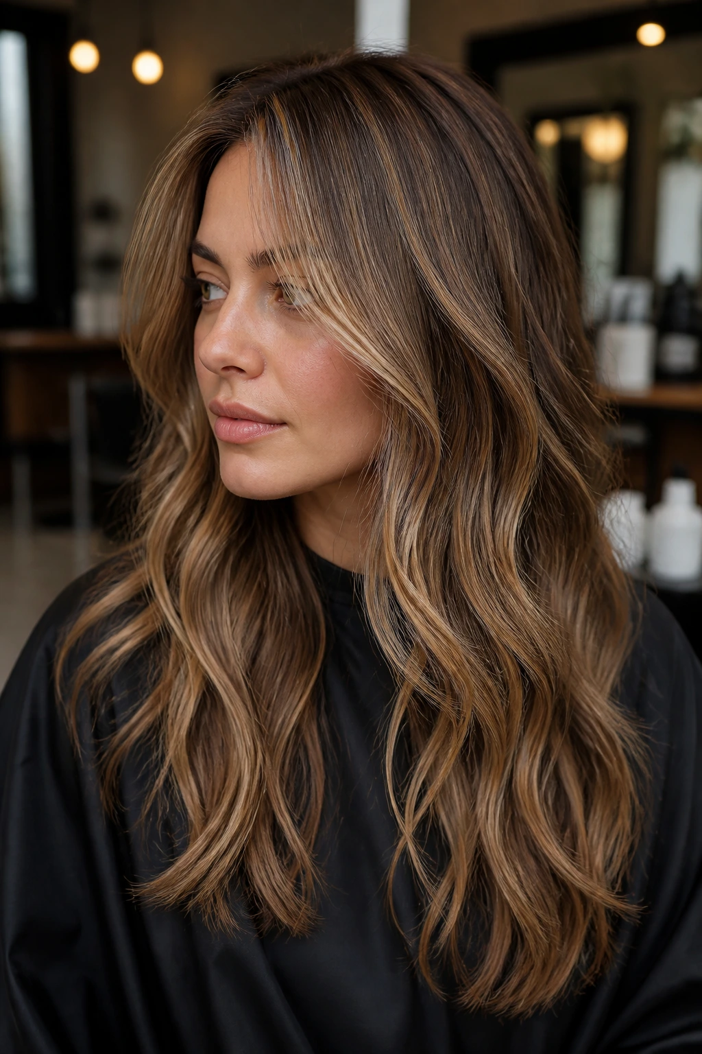 Salon portrait showing top-layer babylights woven through front panels on a real person.