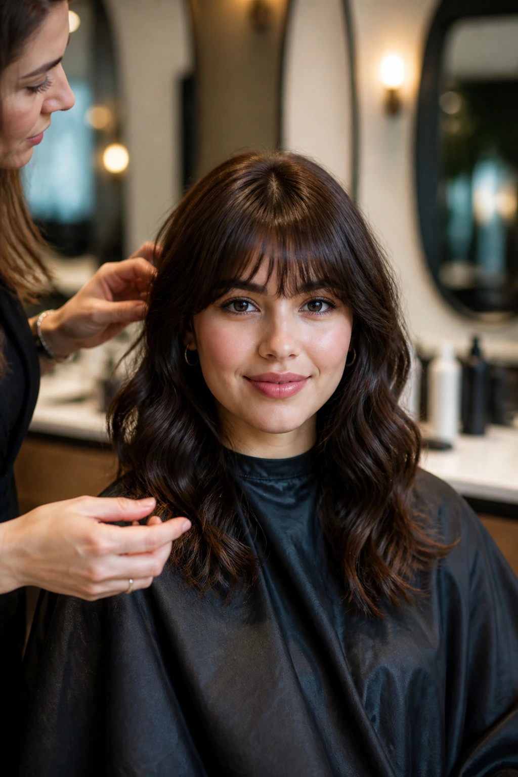 Client in salon asking for brunette bangs with wavy hair