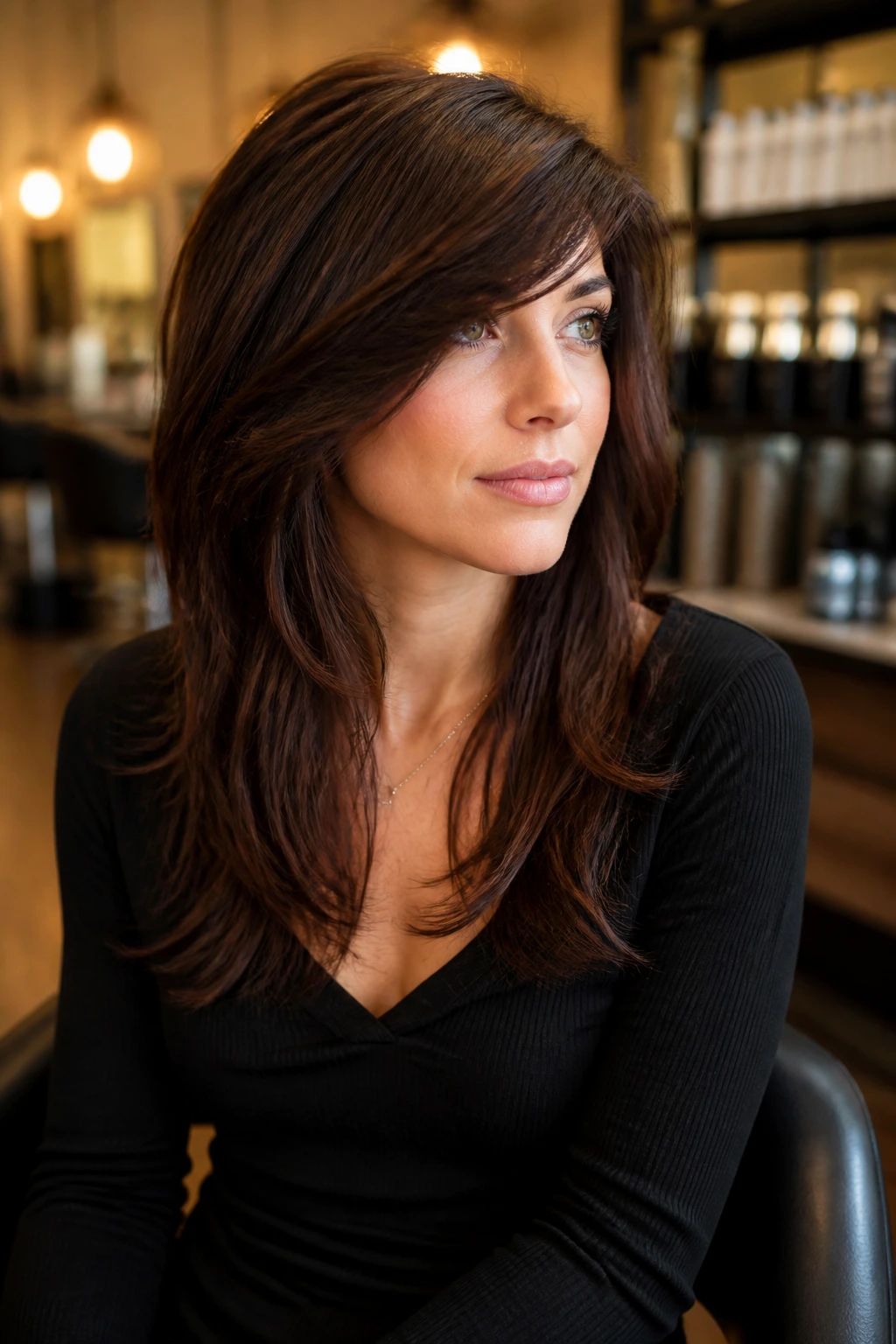 Three-quarter view of a real person in a salon chair with side-swept bangs