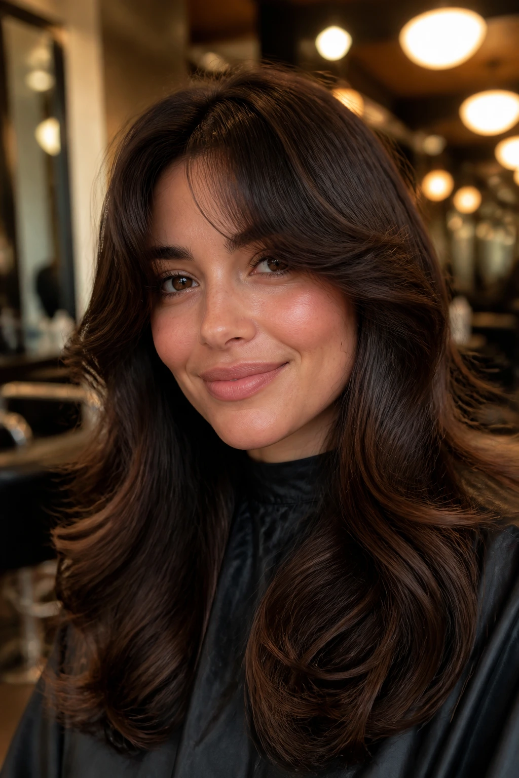 Close-up of a real woman with salon-blowout bangs in a big loose bend.