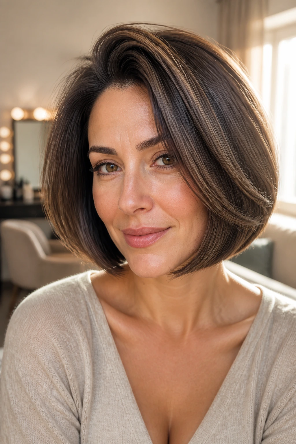 Close-up of real woman with a salon-blowout bob and lifted crown