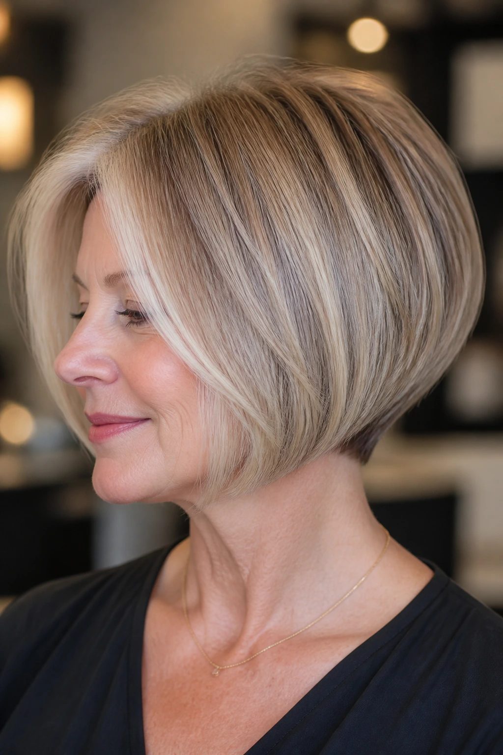 Real woman with glossy salon-blowout inverted bob in a salon