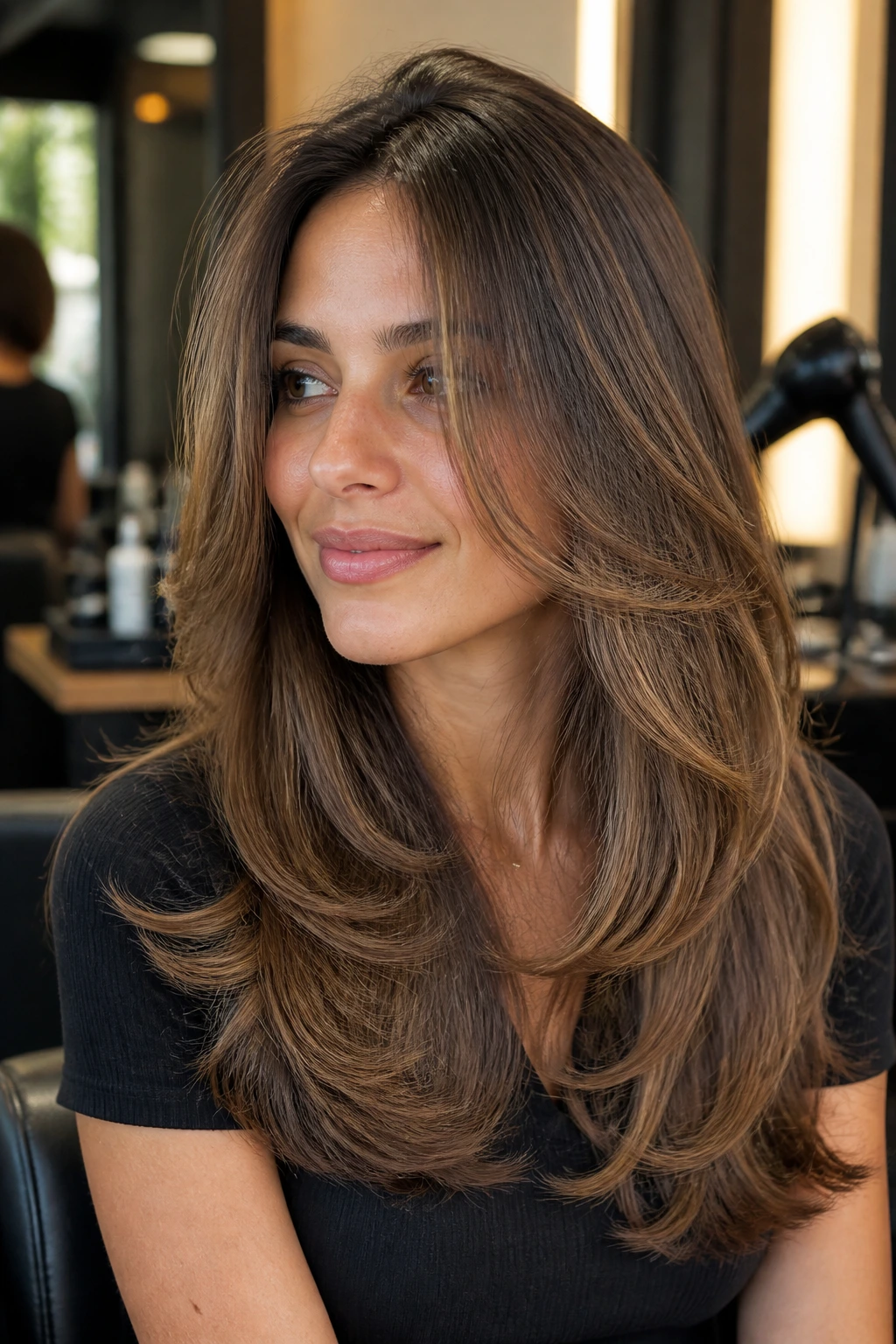 Medium close-up of a real person with a glossy blowout hairstyle