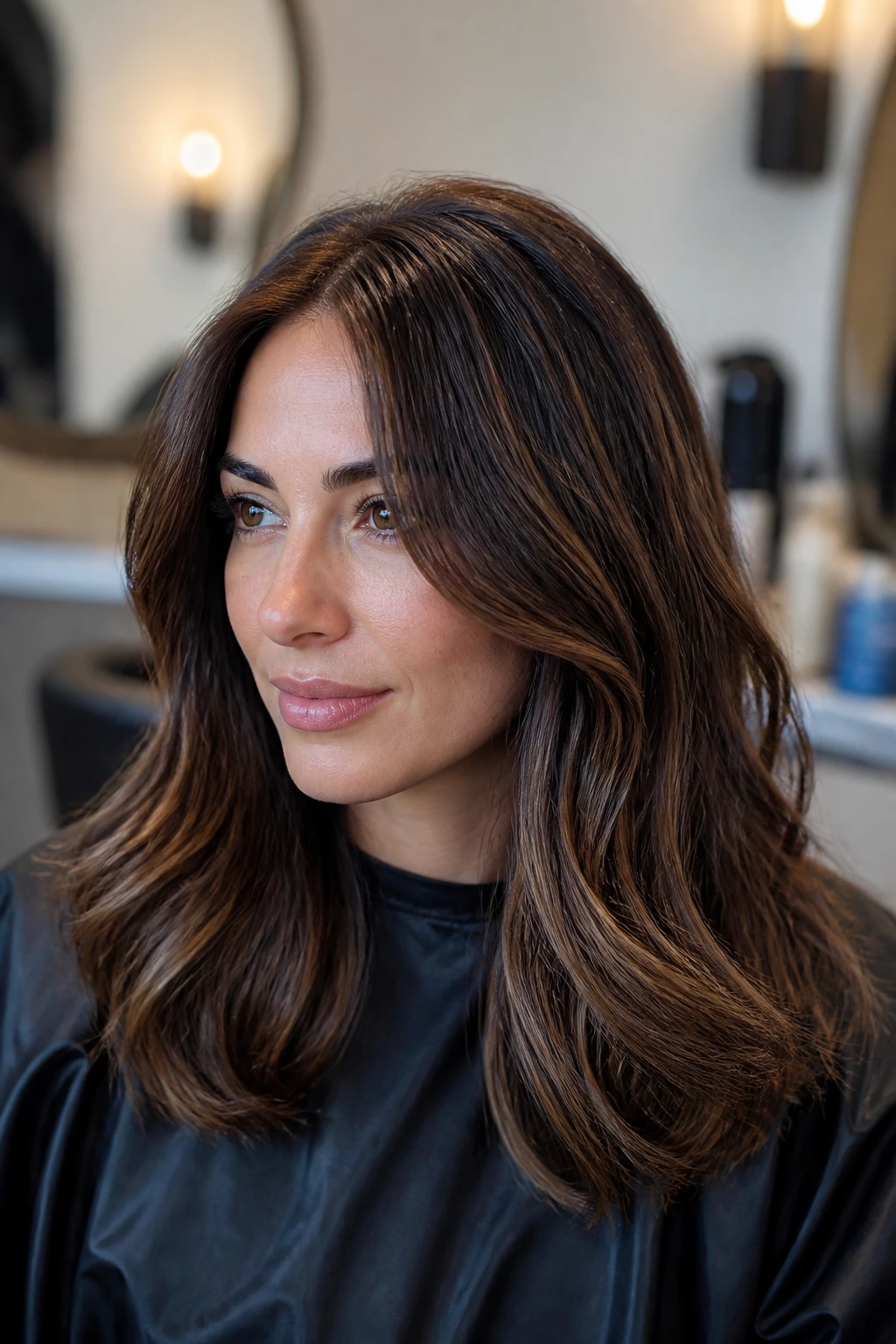 Portrait of brunette asking for right brown shade in salon
