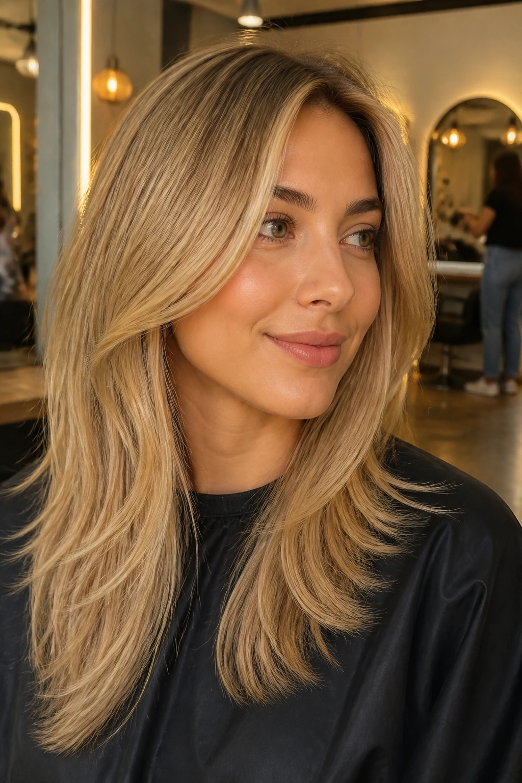 Woman in salon chair with buttery blonde hair in a salon setting.