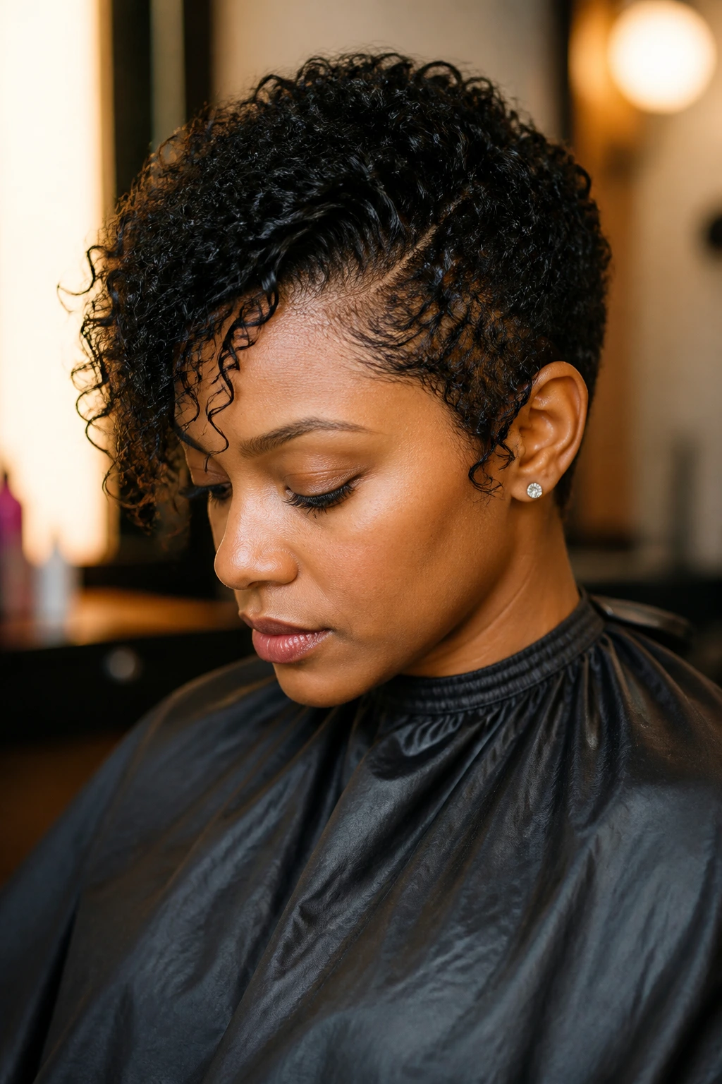 Real person wearing a salon cape in a hair salon, cape around the shoulders during a consultation.