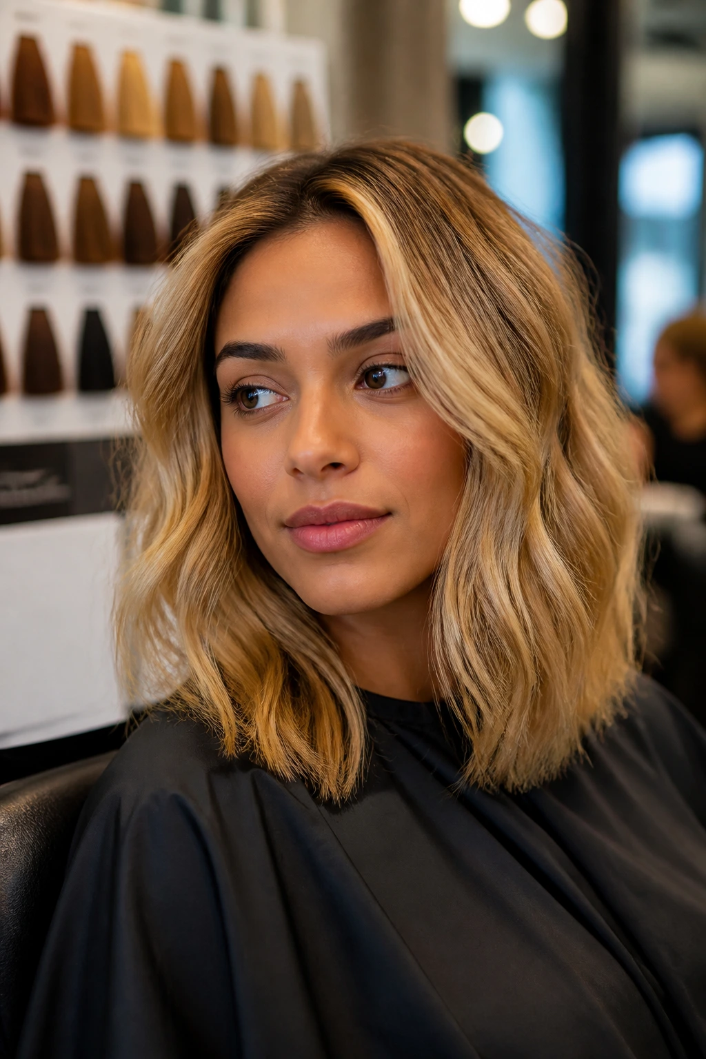 Portrait in a salon chair showing warm-toned blonde hair with blurred color swatches in the background.