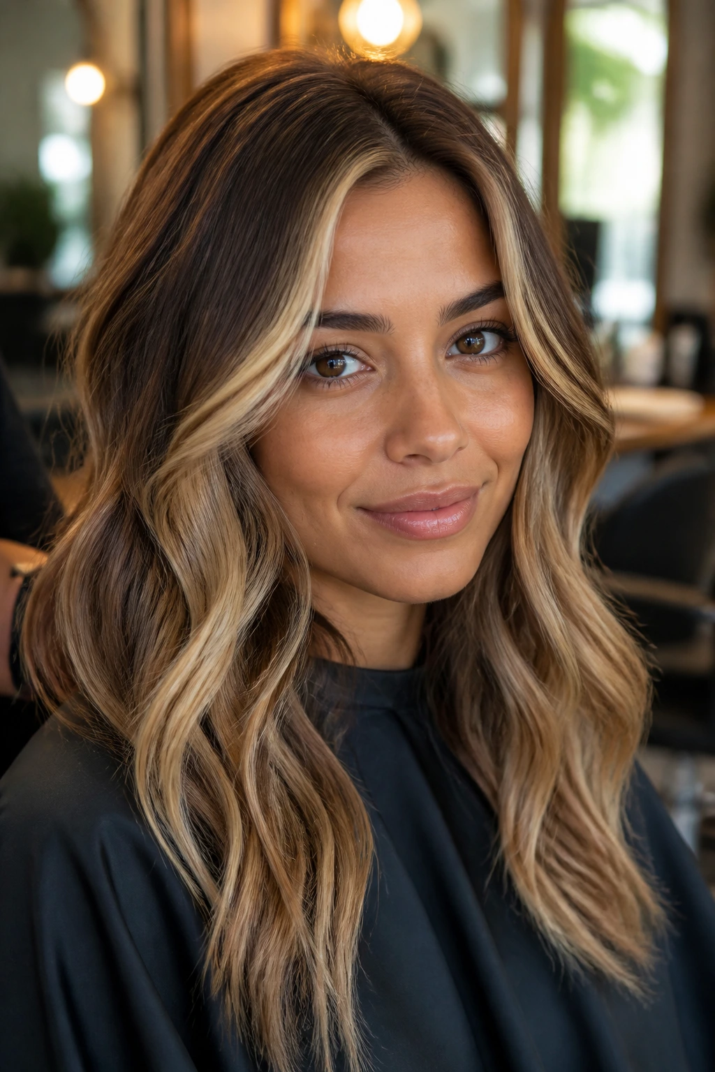 Close-up of a real client in a salon chair showing face-framing lightness in hair.