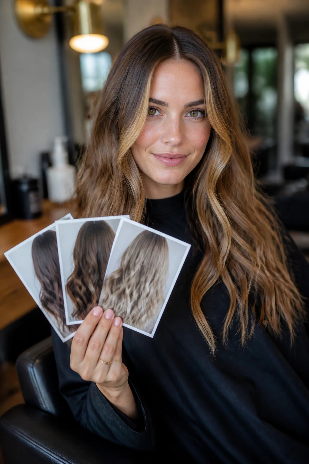Woman in a salon chair holding color swatches for a hair consultation.
