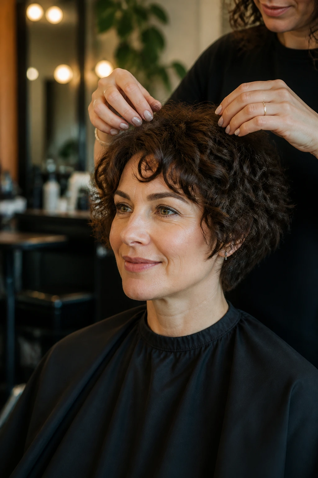 Portrait of a woman in a salon chair during a consultation about haircut