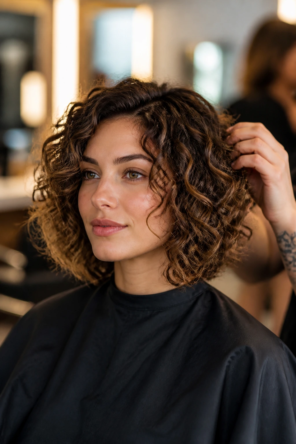 Real person in a salon chair with a face-framing hairstyle during a consultation