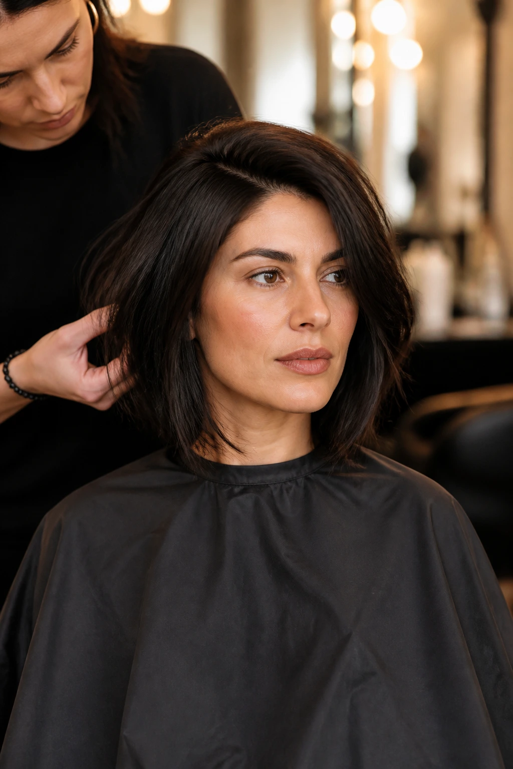Close-up of client in salon chair discussing hair shape with a stylist