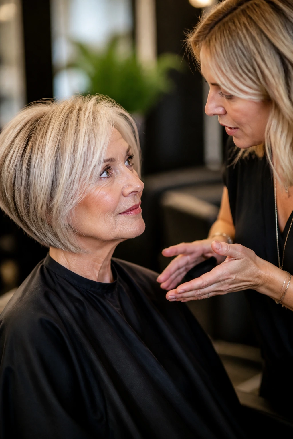 Client and stylist discussing hair shape in salon chair