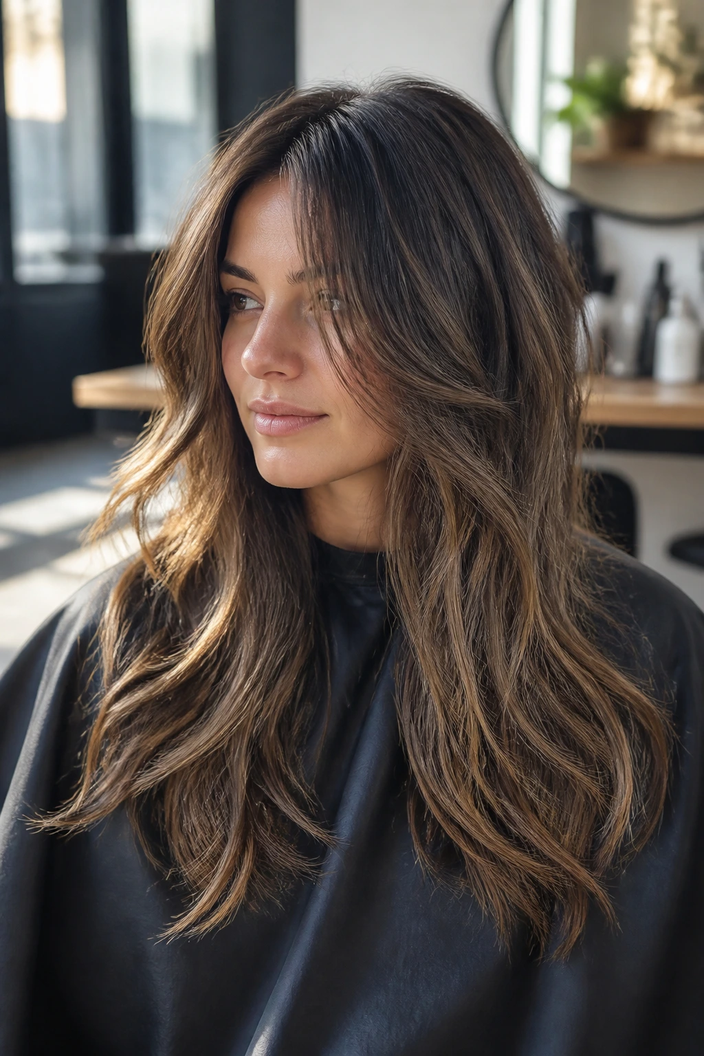 Close-up portrait of a real woman in a salon chair showing long layered thick hair with face-framing pieces in warm light