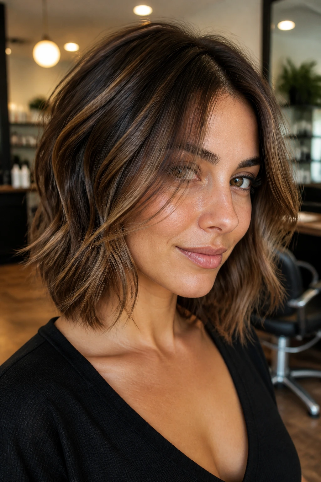 Real person with precise face-framing layers around the front in a salon setting.