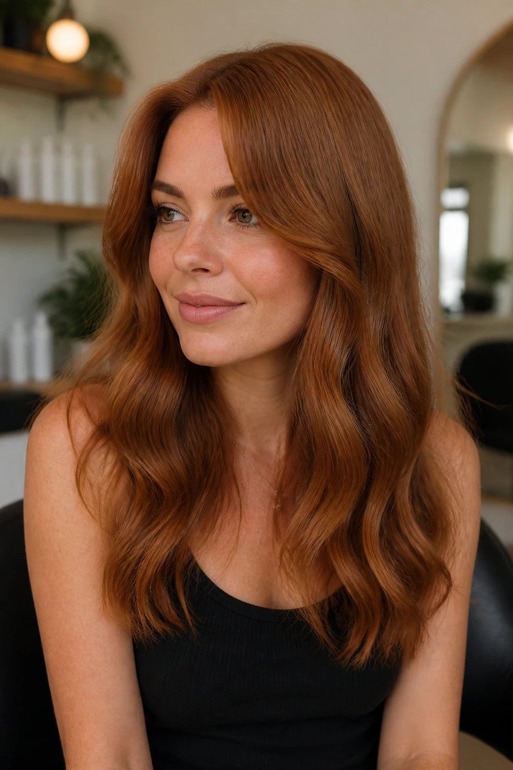 Close-up portrait of a real woman in a salon chair with dark strawberry blonde hair under natural light.
