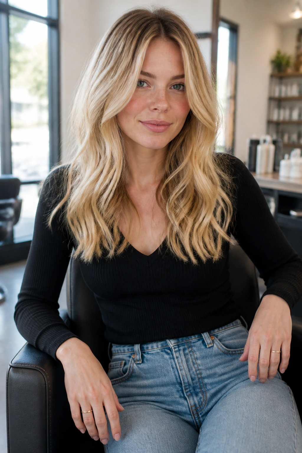 Portrait of a person seated in a salon chair preparing for warm blonde color