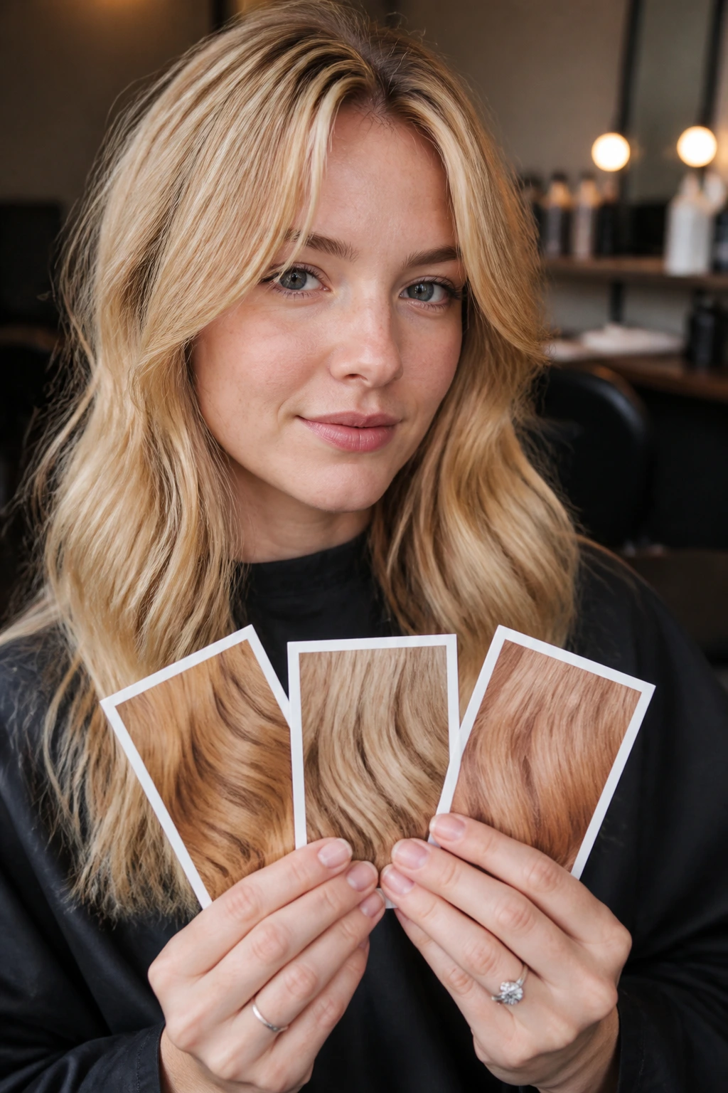 Portrait of a person in a salon chair holding hair color reference cards