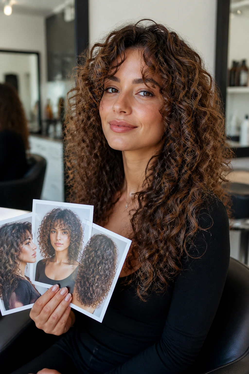 Real person in salon chair with photo references held for haircut planning
