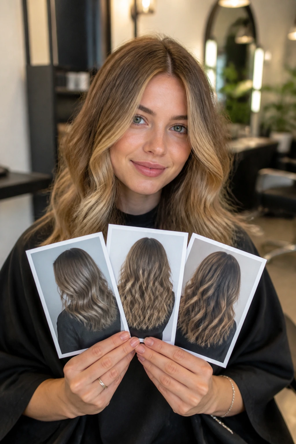 Portrait of a client in a salon chair holding reference photos